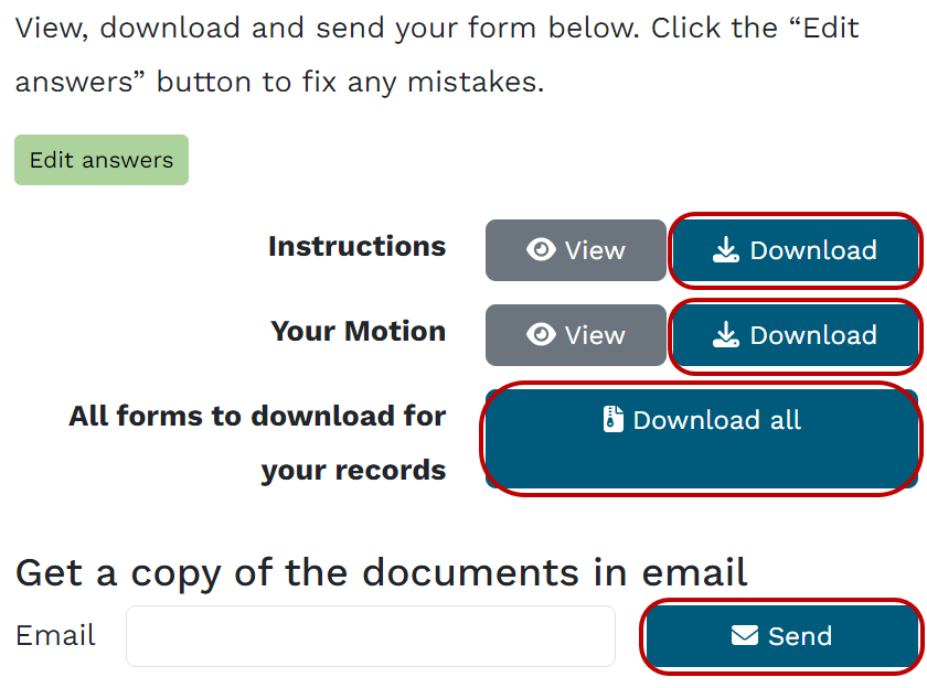 A screenshot of an MLH-Forms page with red circles highlighting the buttons to download and email forms.